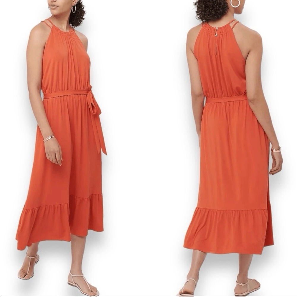 LOFT Coral-Orange Halter Midi Dress with Tie Waist - Picture 1 of 7